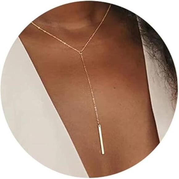 GoldTiny YShaped Dainty Necklace 18K GoldPlated Cute Bar Vertical LariatNecklace - Picture 7 of 7